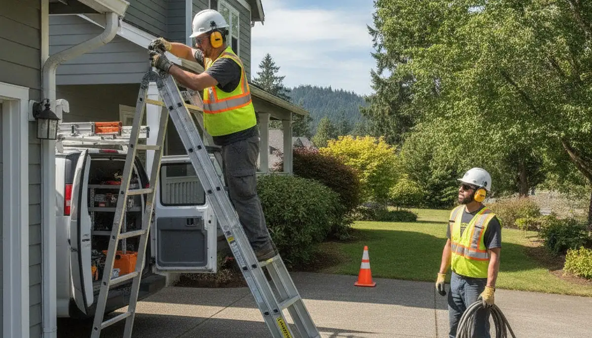Portland, OR plumbing repair technician servicing a residential leak with professional tools
