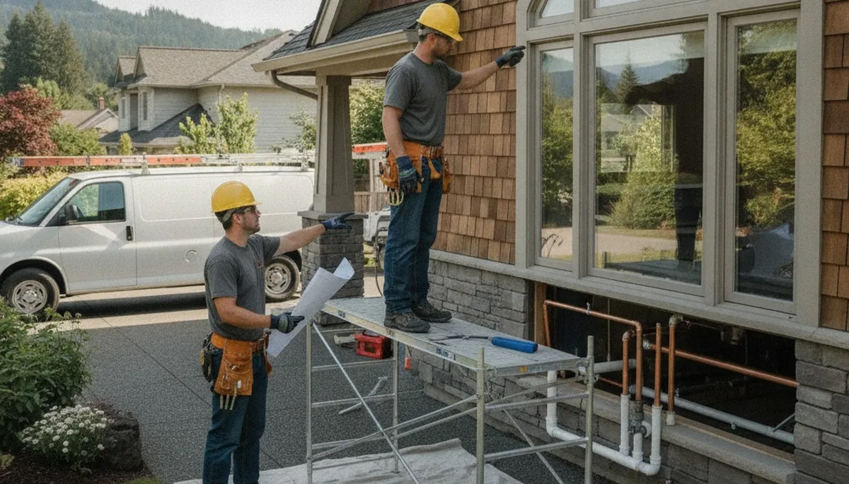 Portland, OR plumbing repair technician servicing a residential pipe leak