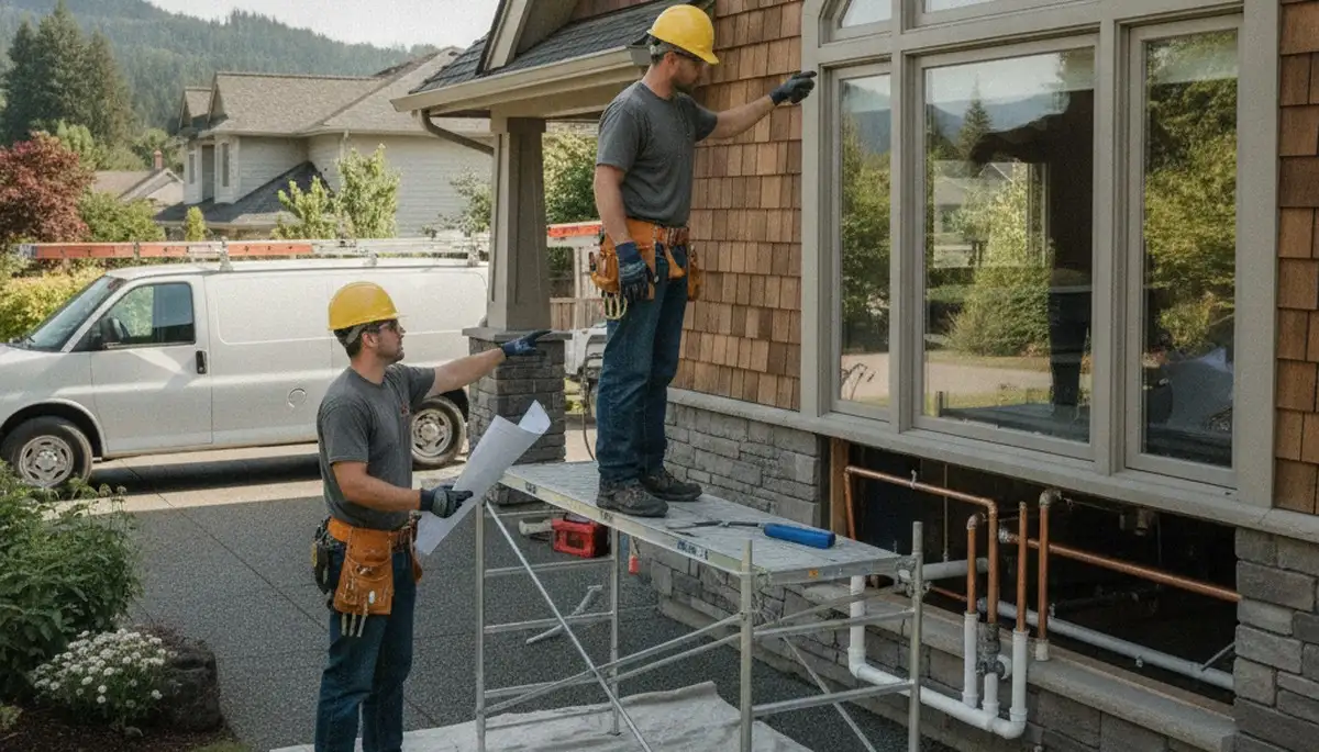 Portland, OR plumbing repair technician servicing a residential pipe leak