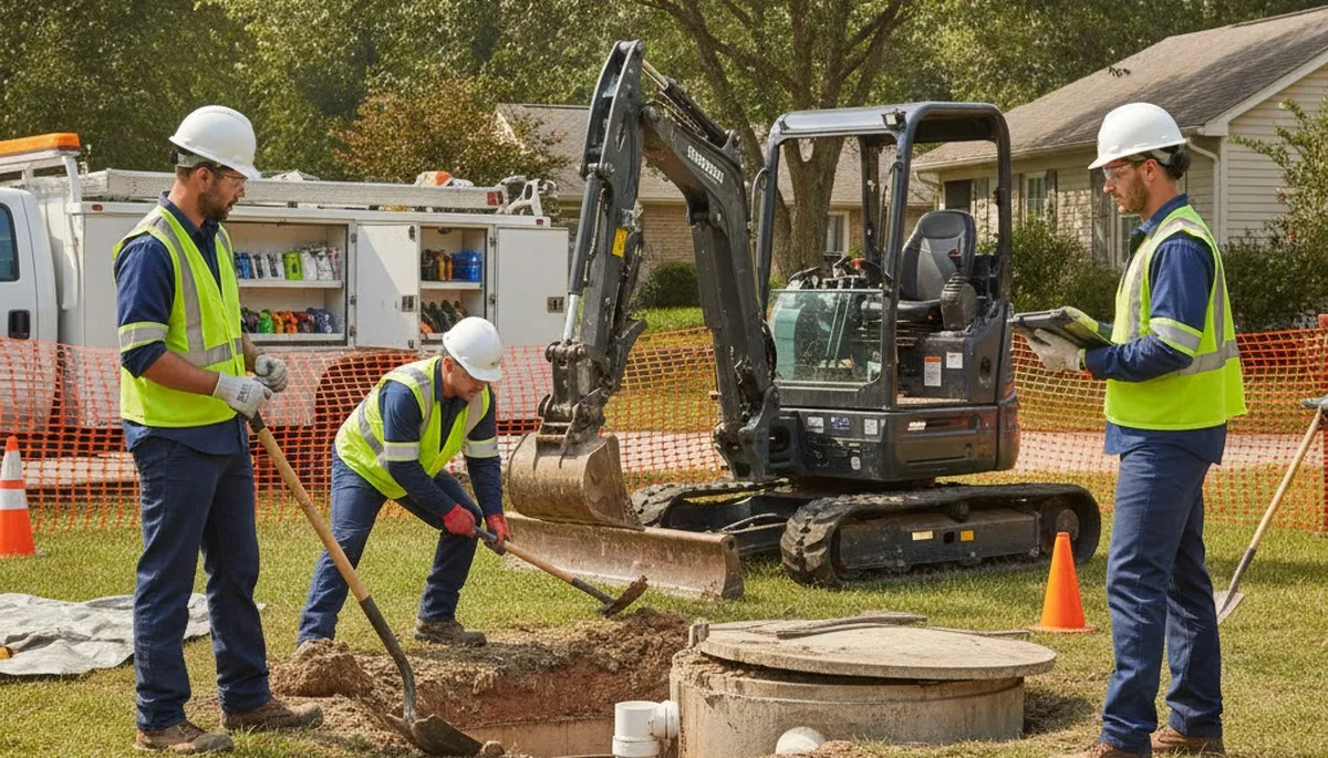 Portland, OR septic repair technician inspecting a residential plumbing system at a home