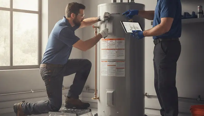 Portland, OR plumber repairing a water heater for a residential home